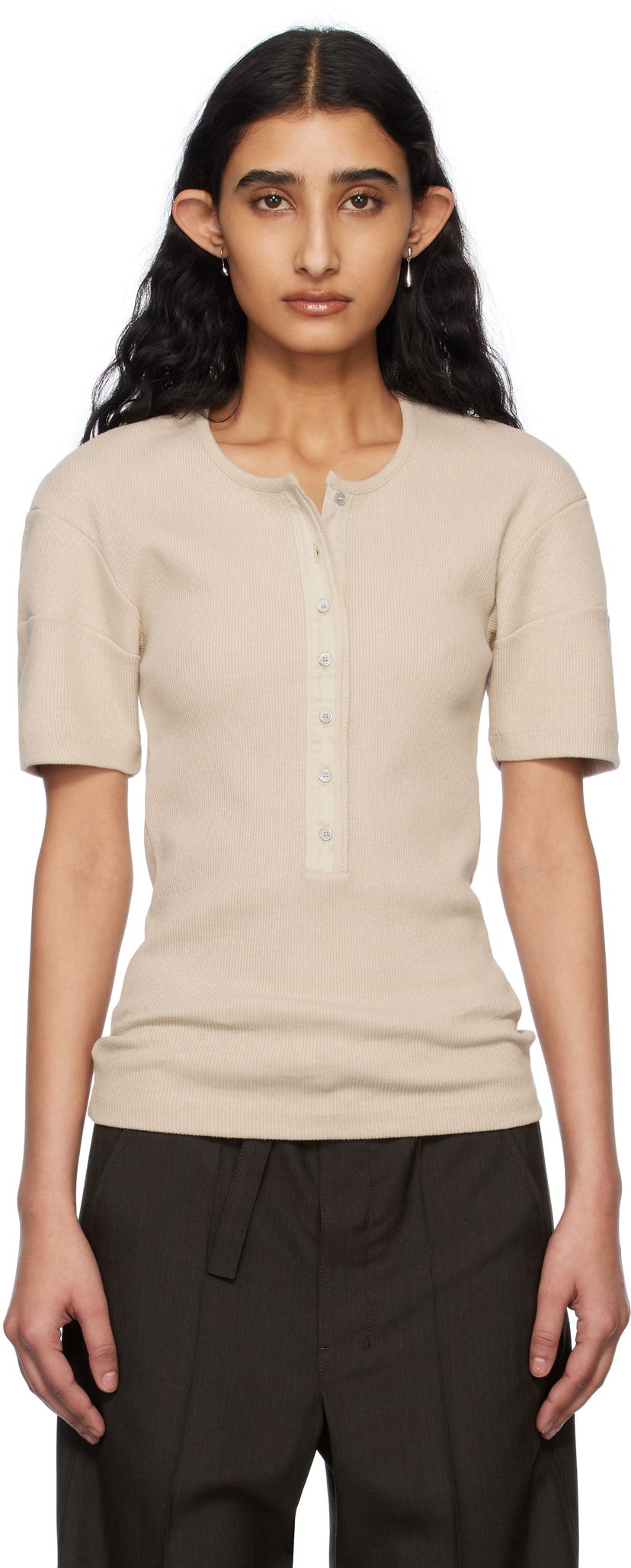 T-paita LEMAIRE Lemaire Fitted Henley T-Shirt Beige | TO1350 LJ1030