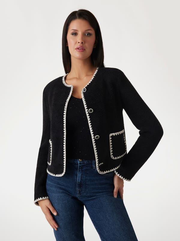 Villapaita GUESS Guess Cropped Knit Jacket with Contrast Trim and Patch Pockets Musta | W5RN20WGVQ2