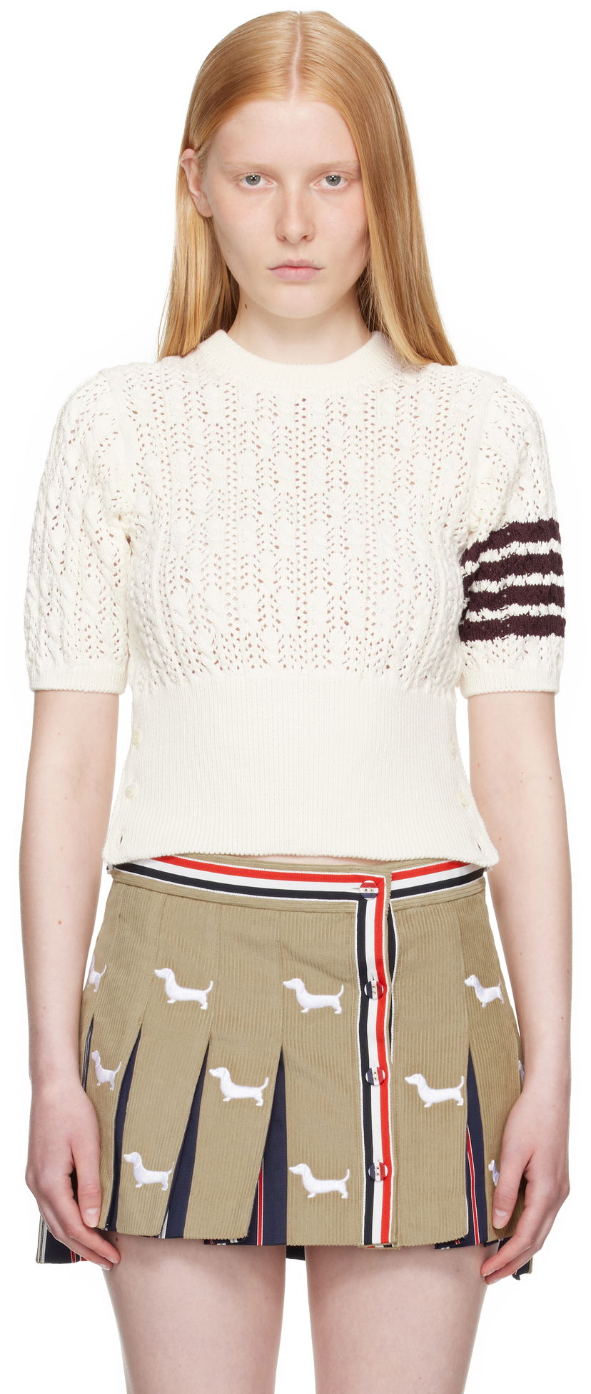 Villapaita Thom Browne Thom Browne Pointelle Cable Stitch 4-Bar Sweater Valkoinen | FKA495A-Y3017