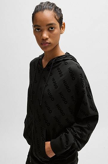 Huppari BOSS HUGO Zip-Up Hoodie with Flock-Print Logos Musta | 50531659, 1
