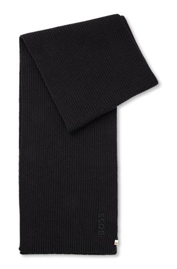 Huivi BOSS Ribbed Cotton-Blend Scarf with Logo Detail Musta | 50522441