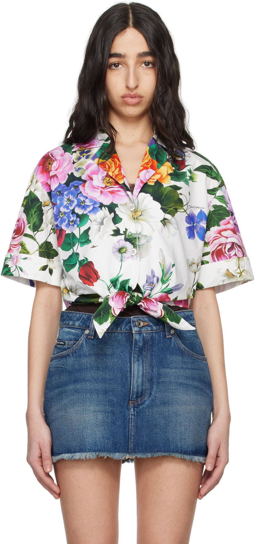 Paita Dolce & Gabbana Dolce&Gabbana Floral Print Tie-Front Shirt Valkoinen | F5T30T HS5S6
