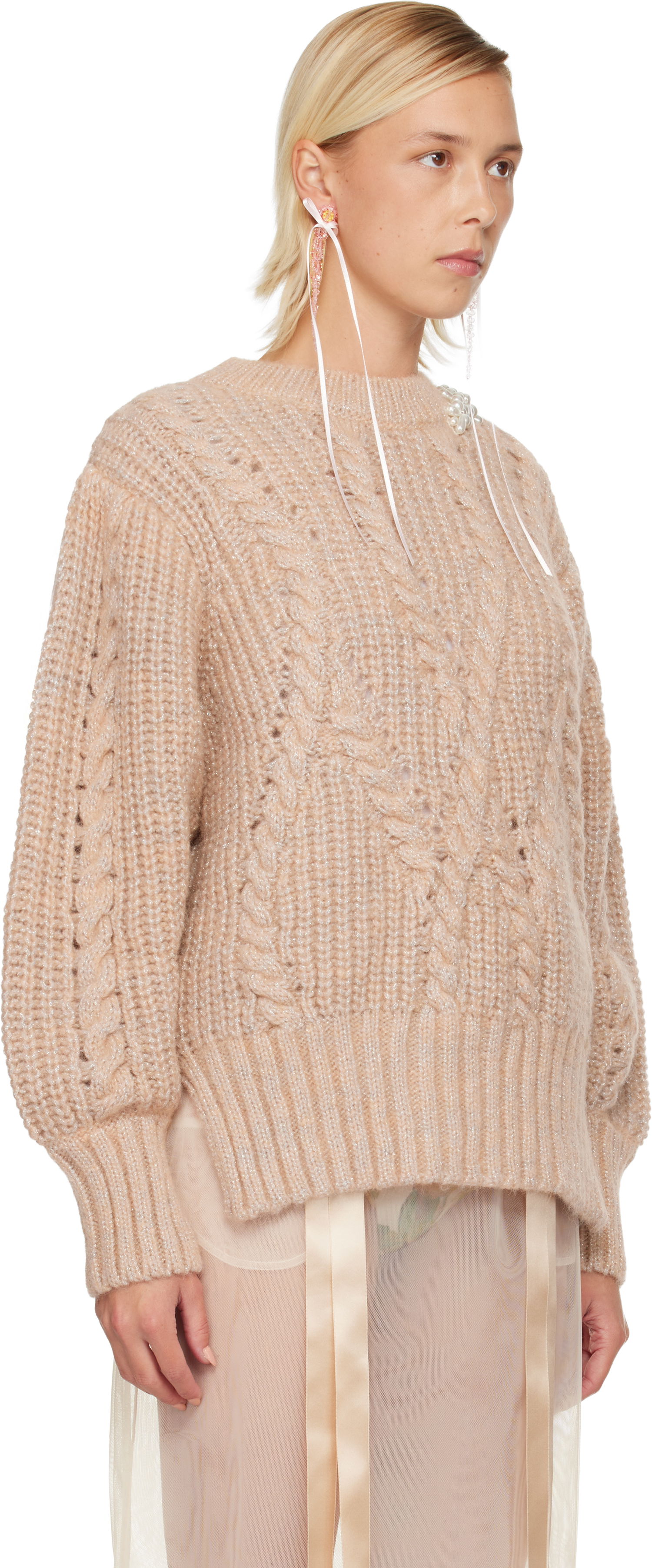 Villapaita Simone Rocha Simone Rocha Embellished Puff Sleeve Chunky Knit Sweater Beige | MZMK4B 0665, 1
