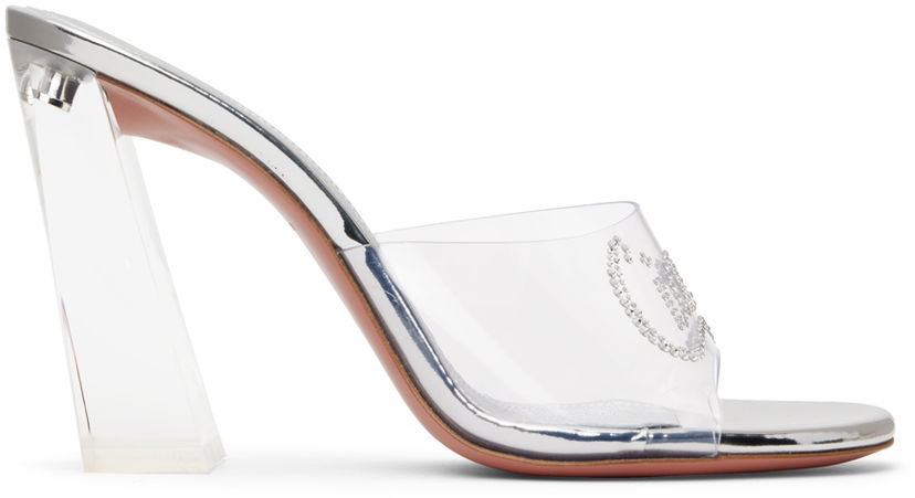 Kengänhoito Amina Muaddi Amina Muaddi Bella Glass Heeled Sandals Metallinen | BELLA GLASS SLIPPER BLOCK PVC