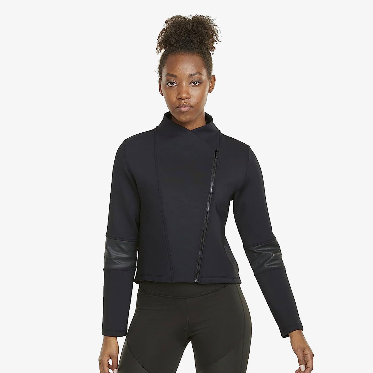 Takki Puma Cropped Moto Jacket Stand Collar Asymmetrical Zipper Elbow Patches Musta | 520927-01, 0