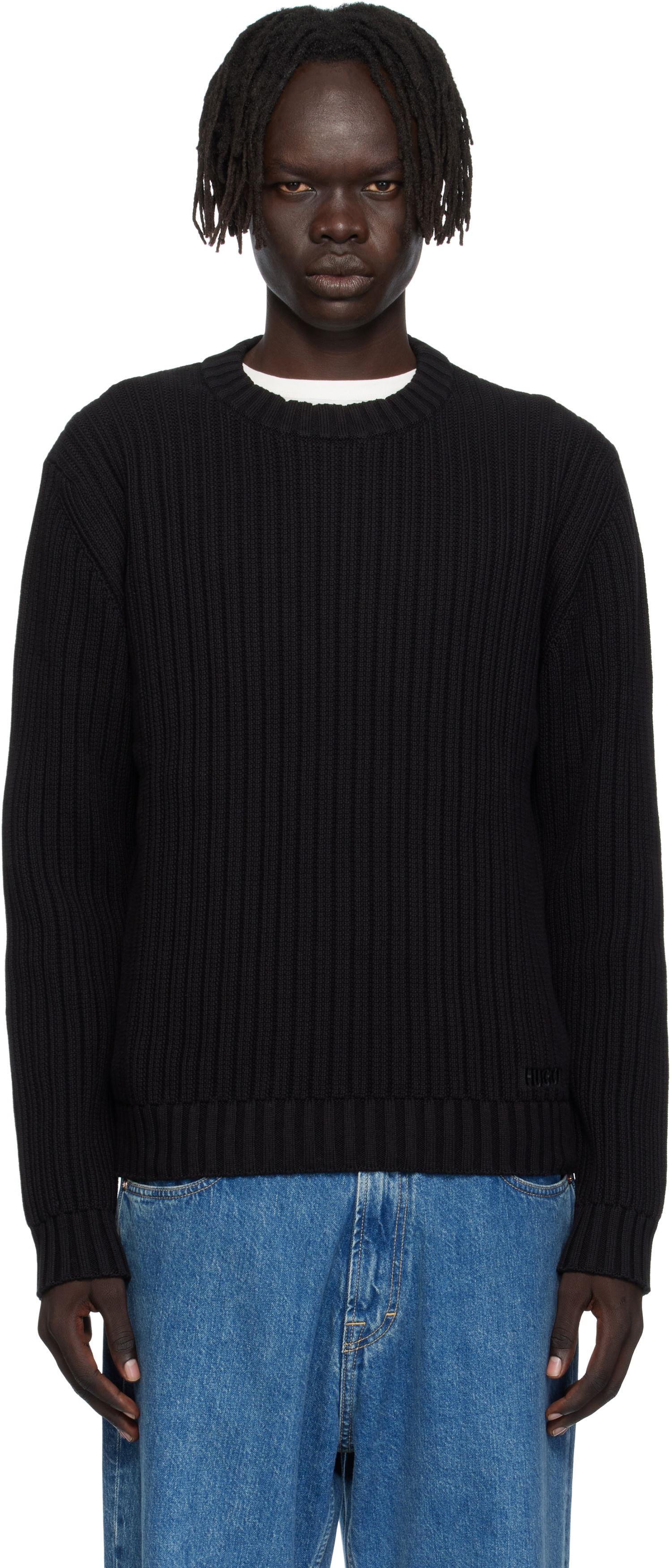 Villapaita BOSS Hugo Embroidered-Logo Ribbed Knit Sweater Musta | 50546863, 0