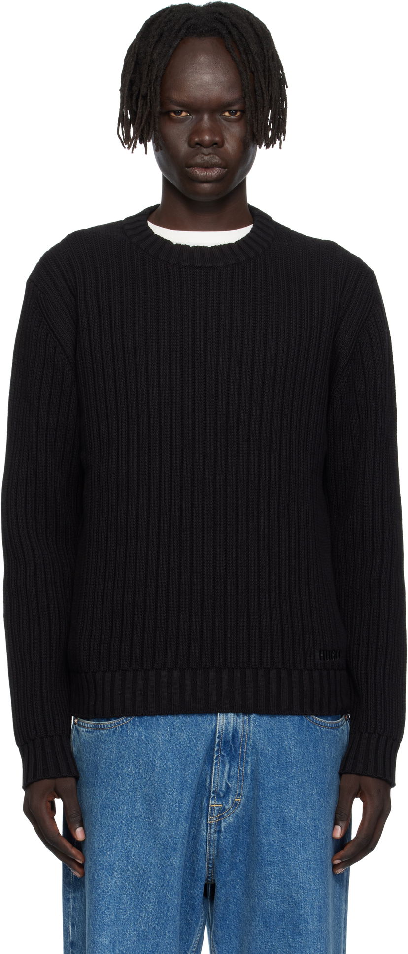Villapaita BOSS Hugo Embroidered-Logo Ribbed Knit Sweater Musta | 50546863