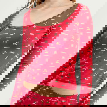 Pyjama SKIMS Long Sleeve Scoop Neck Pajama Top and Ruffle Short Set with Vintage Deer Print Punainen | ST-SST-9968W-CVD, 5