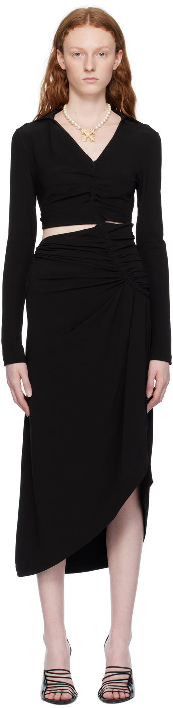 Mekko Off-White Black Ruched Midi Dress Musta | OWDB455S23FAB0011000