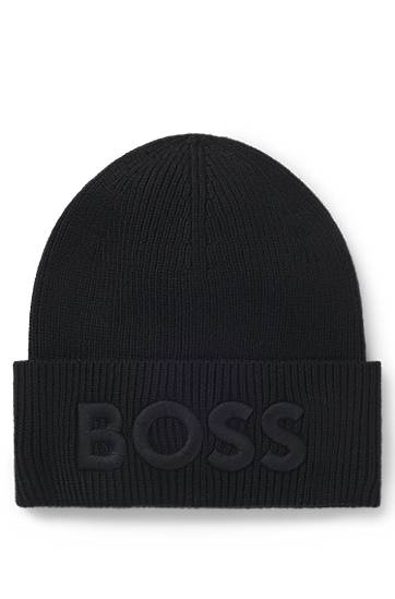 Pipo BOSS BOSS Wool-Blend Beanie with Embroidered Logo Musta | 50522449