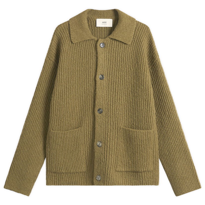 Villapaita AMI Felted and Chunky Wool Ribbed Knit Cardigan, Size Large Vihreä | H25HKC354-KN0112-298H25