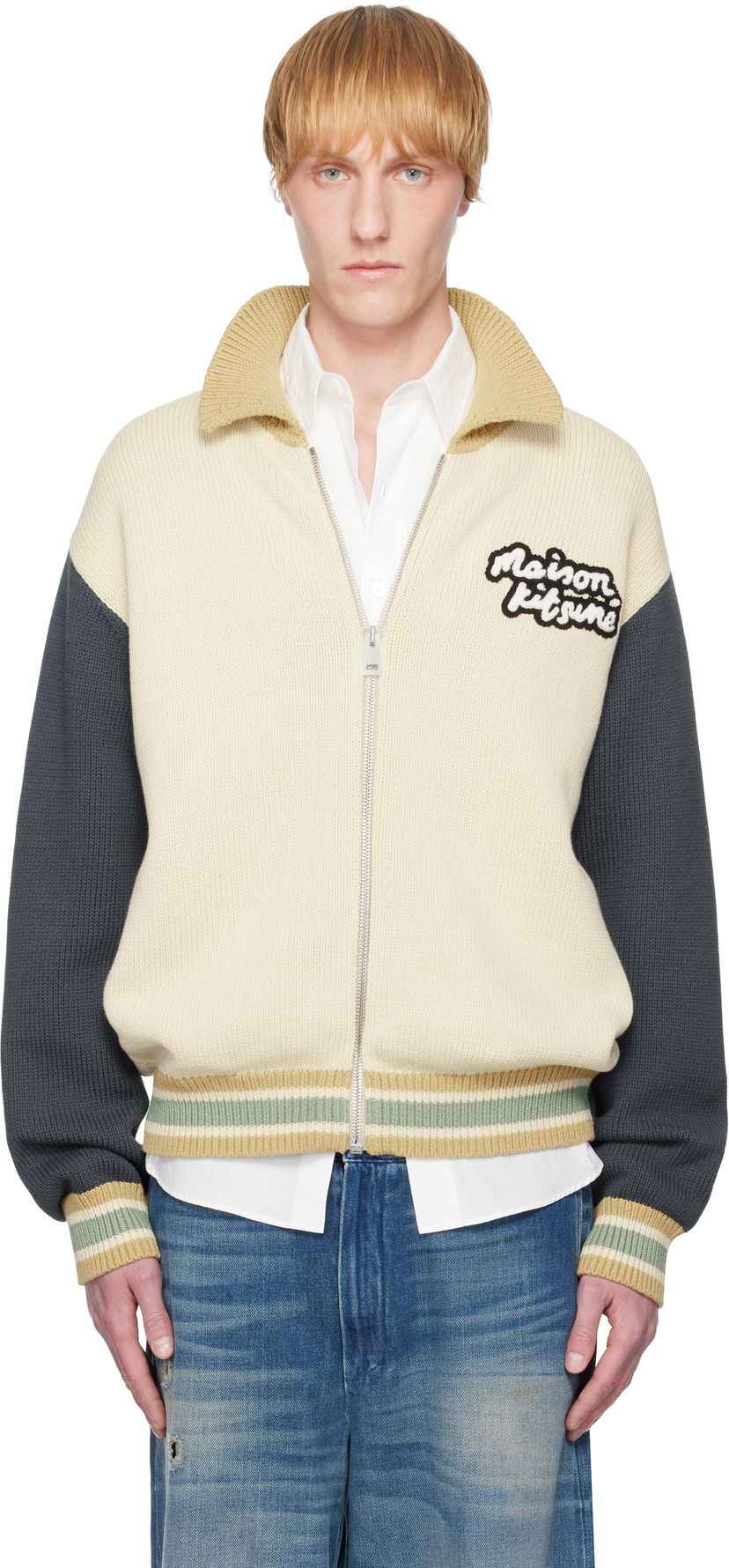 Villapaita MAISON KITSUNÉ Maison Kitsuné Knitted College Bomber Jacket Beige | OM02131KT1139
