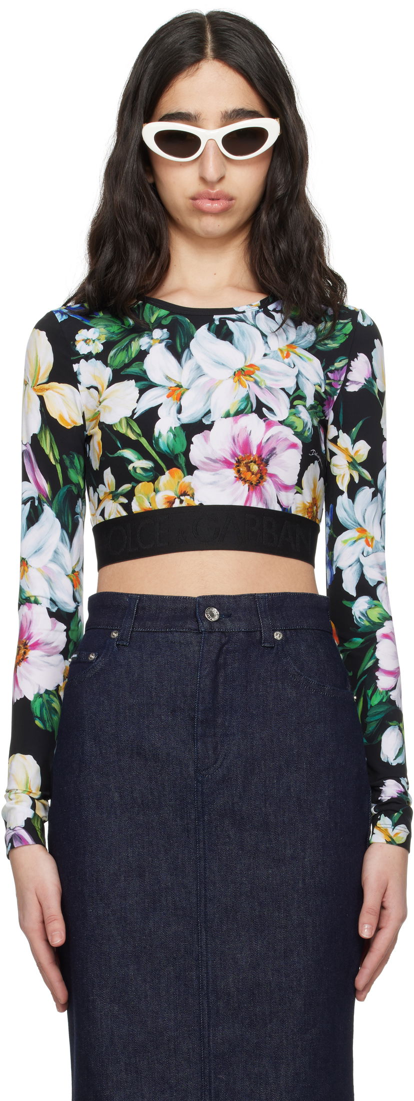 Crop top Dolce & Gabbana Dolce&Gabbana Floral Print Activewear Crop Top Musta | F8N51T FSG8L