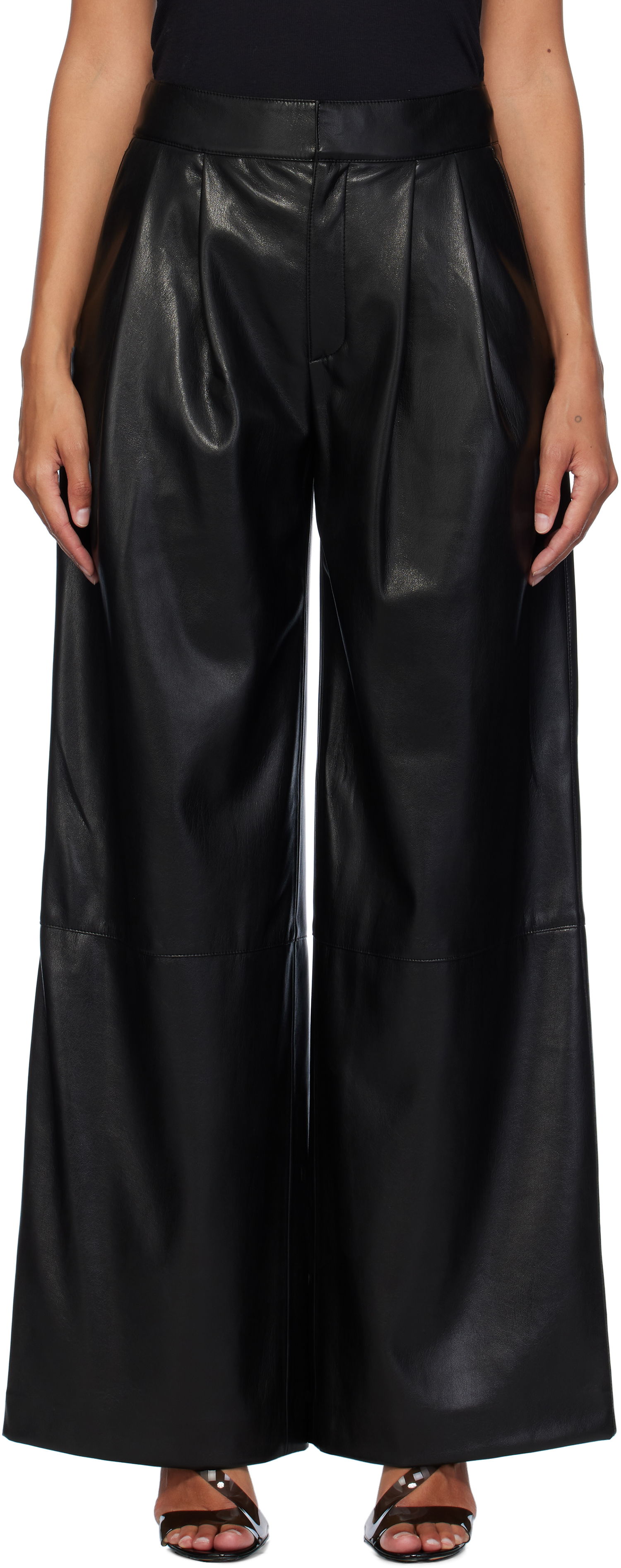 Housut BOSS Pleat-Front Relaxed-Fit Faux-Leather Trousers Musta | 50518463, 0