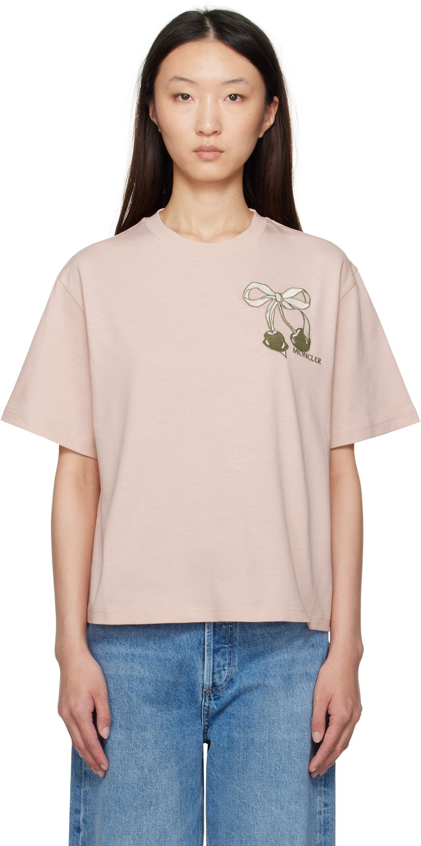 T-paita Moncler Moncler Embroidered Cherry Logo Cotton T-Shirt Vaaleanpunainen | K20938C0001189AUG