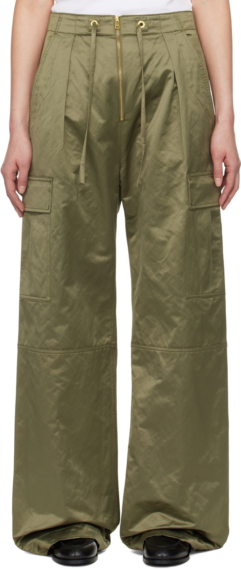 Cargo housut AMI AMI Paris Satin Zipped Cargo Trousers Vihreä | FTR310.CO0100