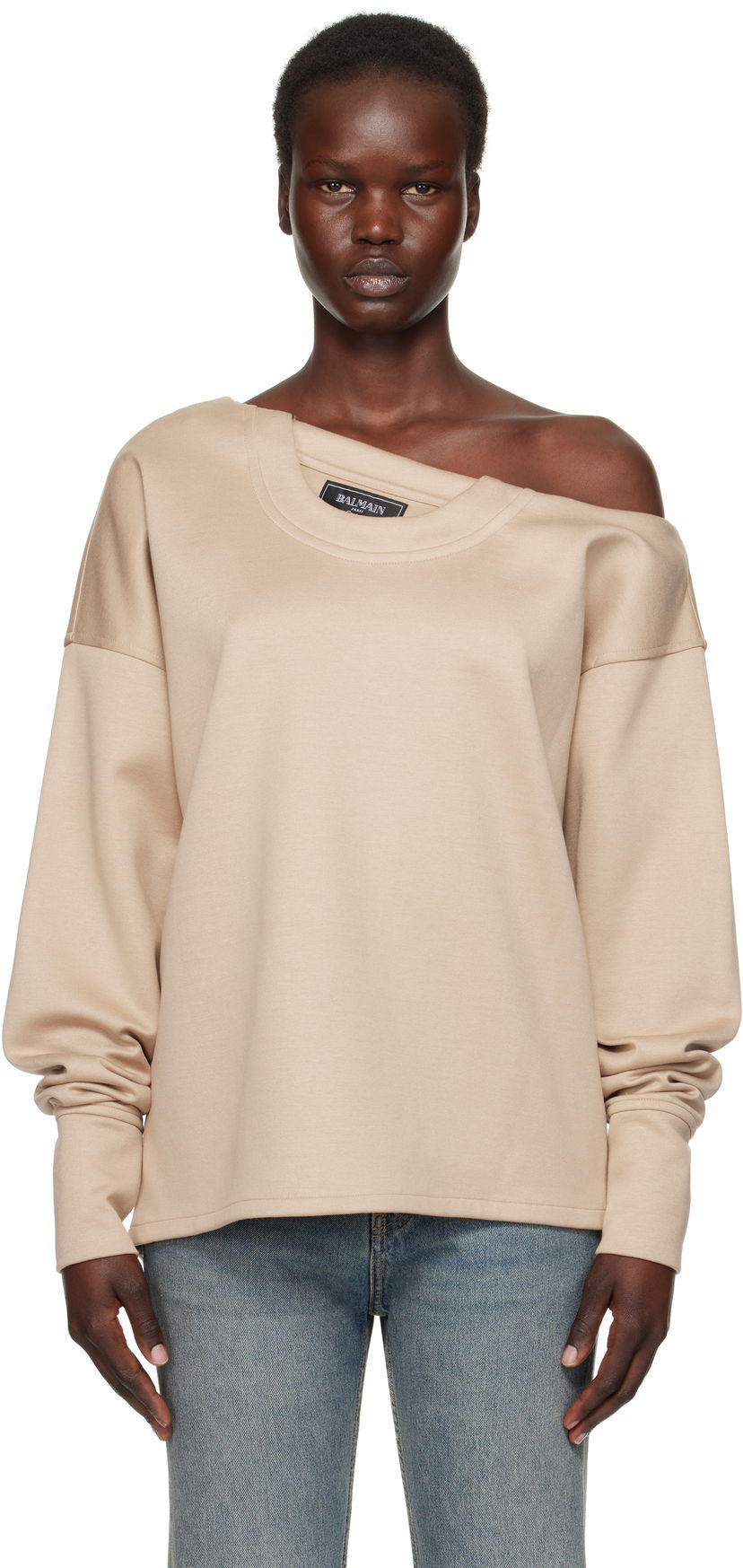 Villapaita Balmain Balmain Asymmetrical Jersey Off-The-Shoulder Sweatshirt Beige | EF1HU301JJ69