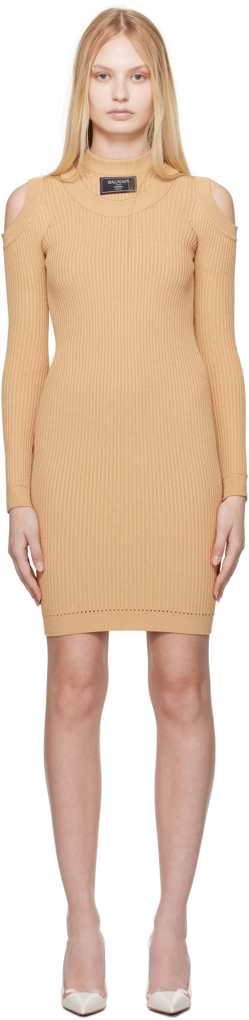 Mekko Balmain Balmain Shoulder Cut Knit Minidress Beige | EF1R8291KI10