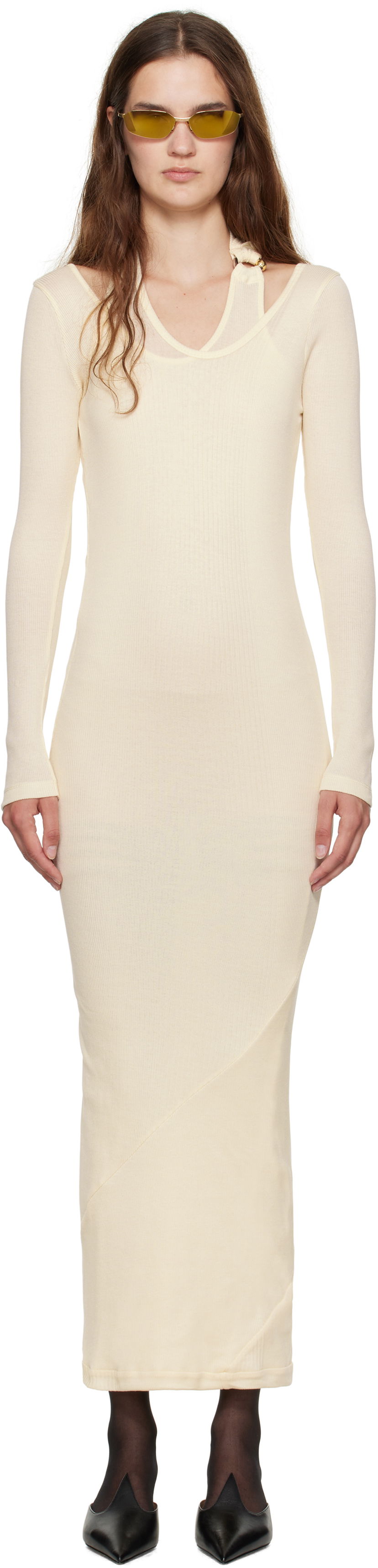 Mekko Jean Paul Gaultier Jean Paul Gaultier Ribbed Twisted Double Layer Midi Dress Beige | 25/03-W-DR014-J000-03