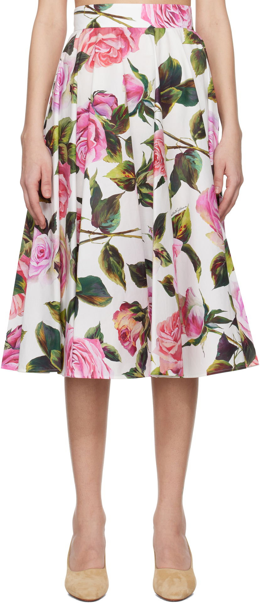 Hame Dolce & Gabbana Dolce&Gabbana Rose-Print Cotton Circle Midi Skirt Valkoinen | F4C1XT HS5S4