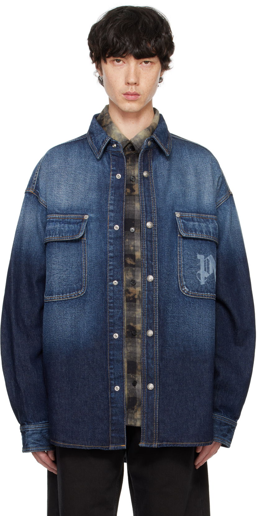 Paita Palm Angels Monogram Denim Overshirt Sininen | PMYD020F24DEN0014503
