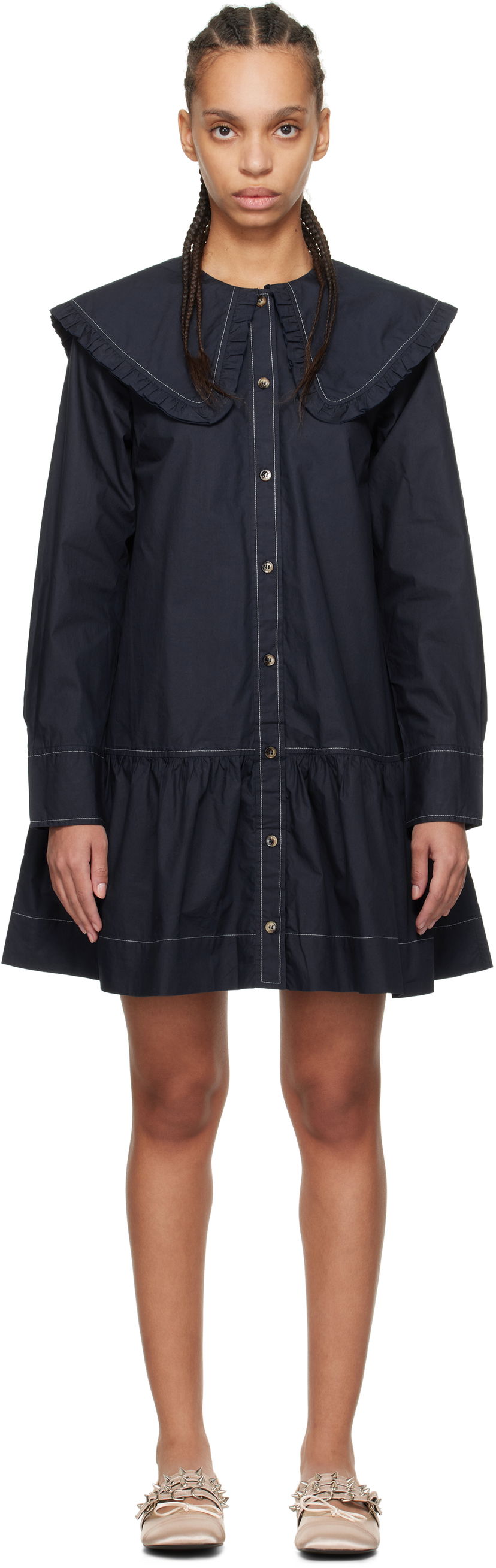 Mekko GANNI Ganni Ruffle Collar Drop Waist Minidress Tummansininen | W0157