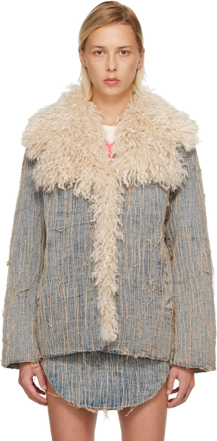 Takki Diesel De-Aconic-S Frayed Denim Jacket with Faux Fur Trim Sininen | A19045 0CMBZ