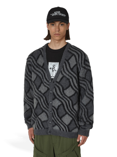 Villapaita Awake NY Wavy Jacquard Mohair Cardigan Musta | AWK-SP23-KN001  CHA