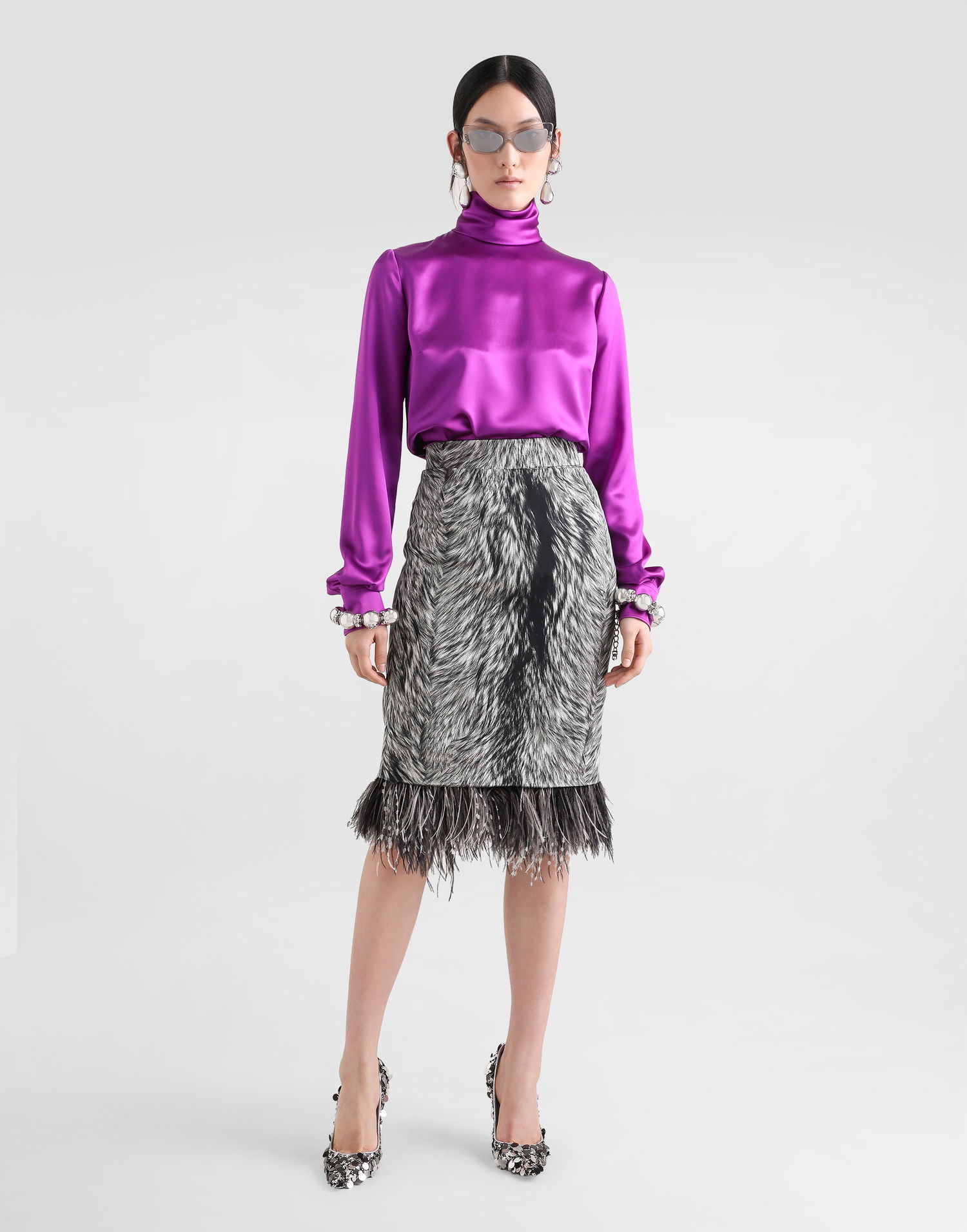 Hame Dolce & Gabbana Calf-length Pencil Skirt With Fur Print And Feathered Detailing Grey Harmaa | F4C1ITFSA71HI3VQ, 1