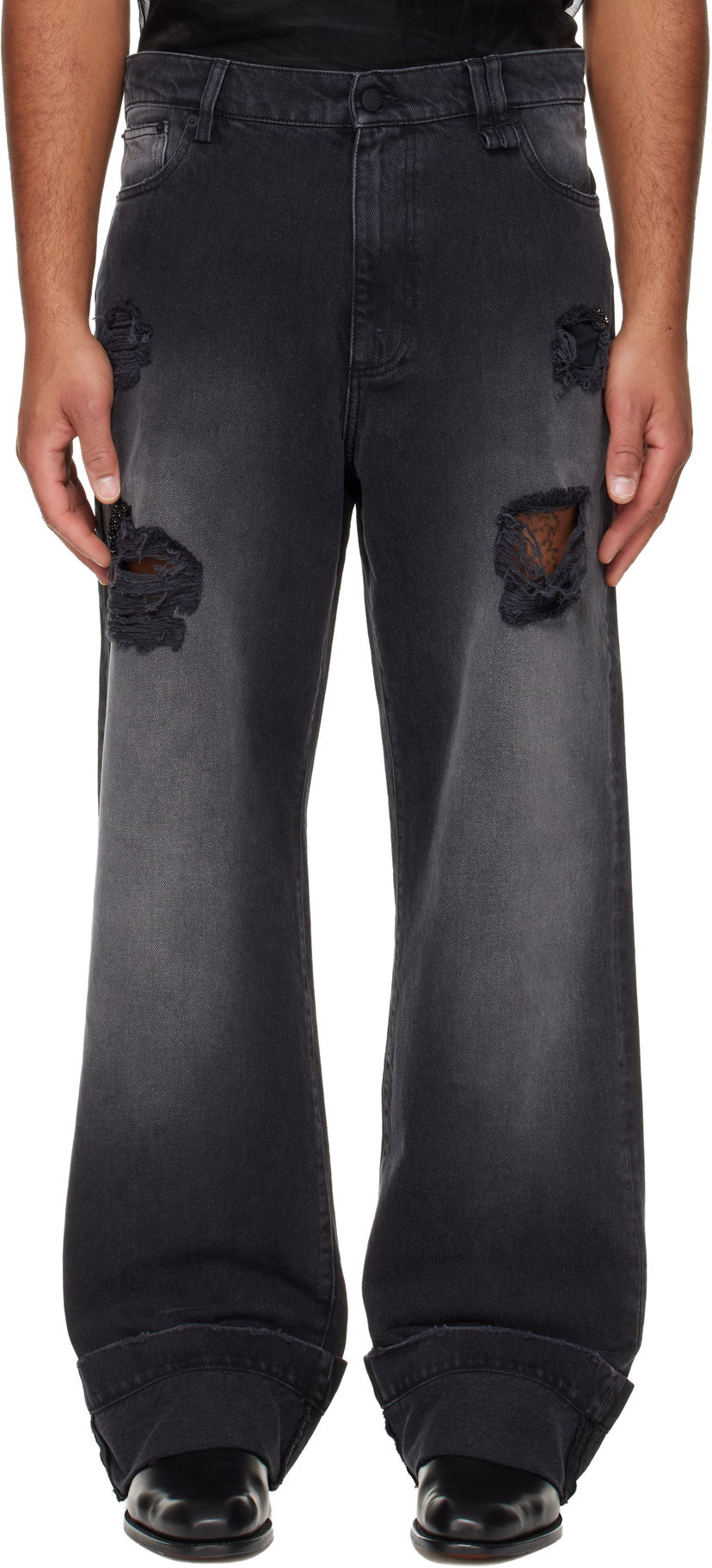 Jeans Simone Rocha Simone Rocha Embellished Distressed Wide-Leg Cuffed Jeans Musta | 4161B 1239D