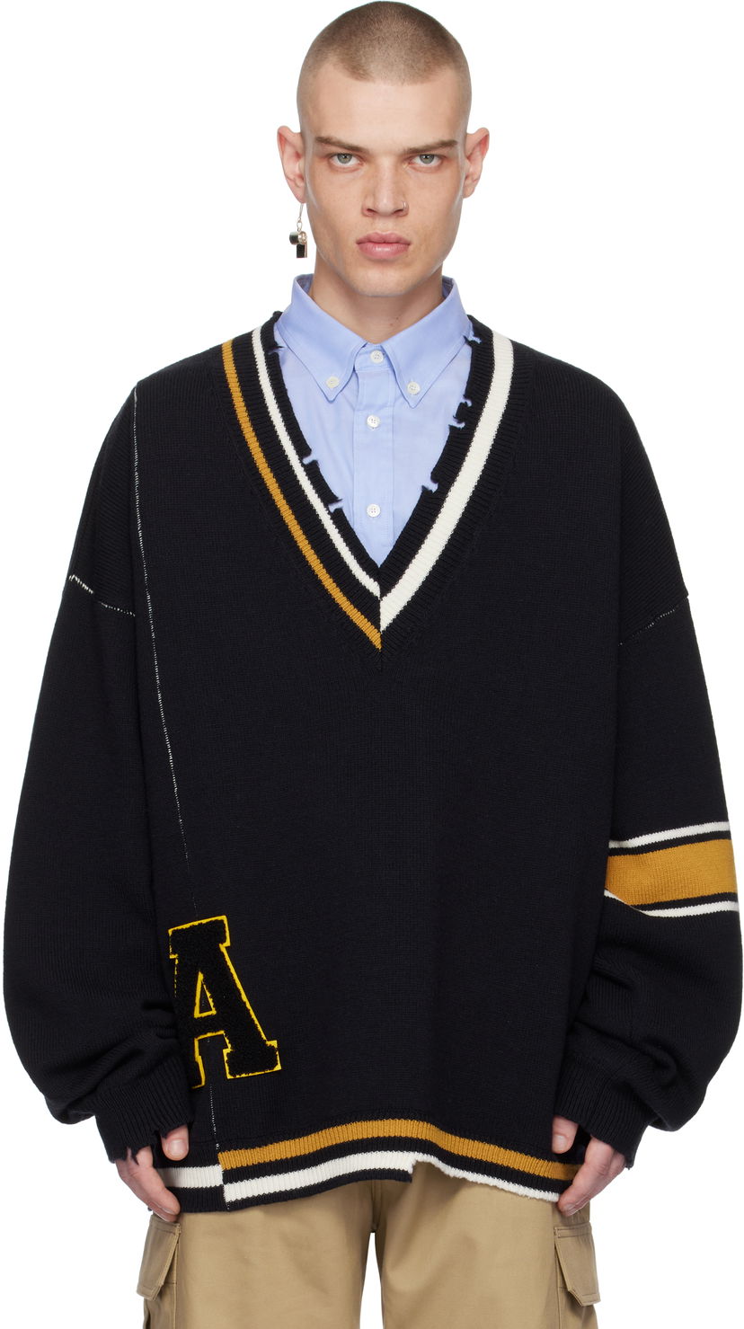 Villapaita Ambush Destroyed Rib Knit V-Neck Sweater Musta | BMHD003F24KNI0011010