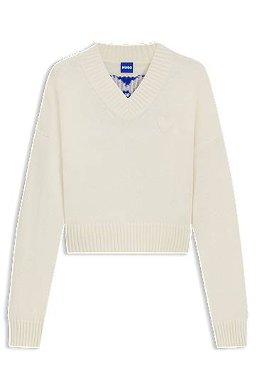 Villapaita BOSS HUGO Women's Happy Cropped V-Neck Sweater with Heart Detail Valkoinen | 50543059