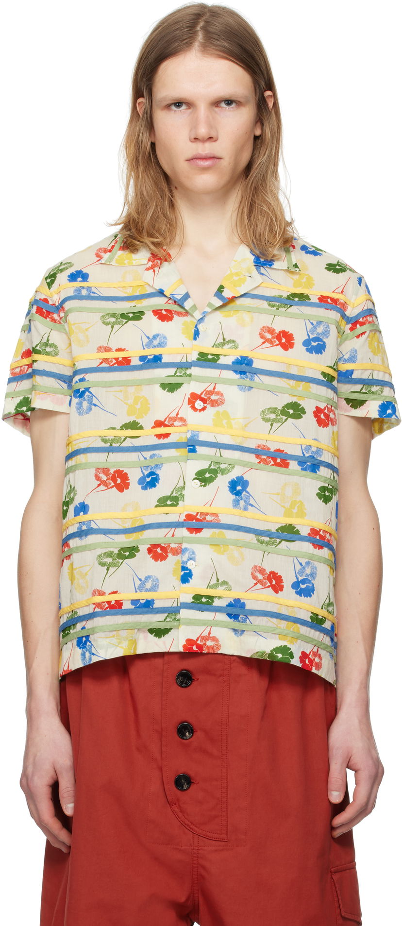 Paita Bode Bode Flower Stamp Short Sleeve Shirt Beige | MRS25SH010