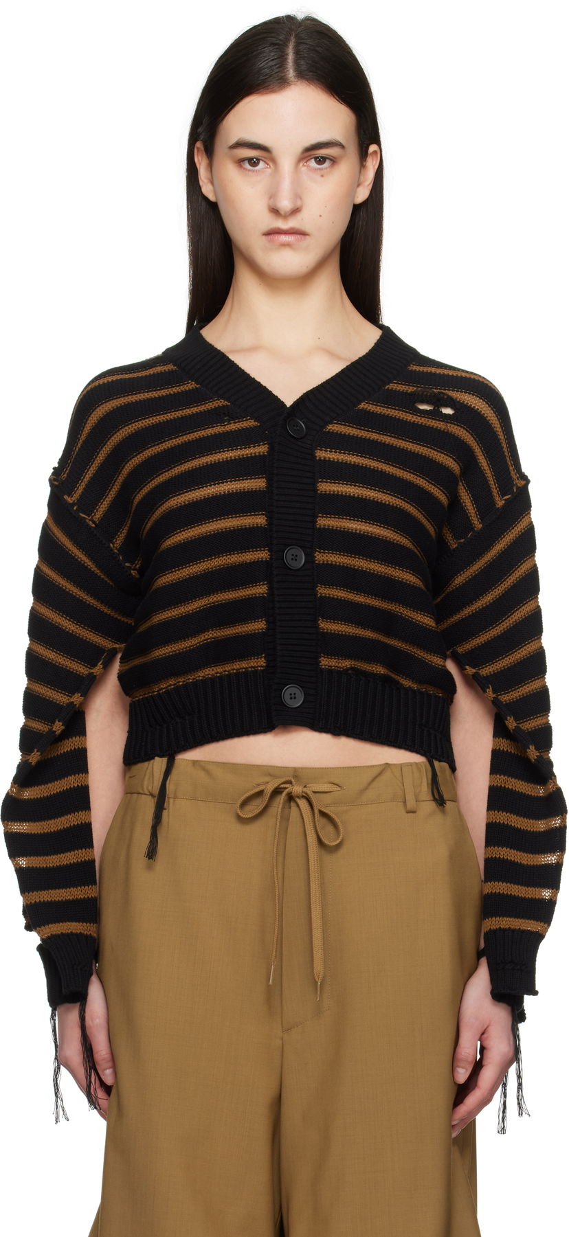 Villapaita Maison Margiela MM6 Maison Margiela Striped Distressed V-Neck Cardigan Musta | S52HP0025 M13080