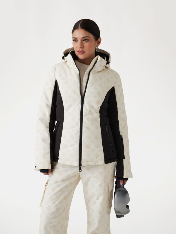 Puffer takki GUESS Women's Printed Ski Jacket with Hood Valkoinen | W4PL3NWH0K0