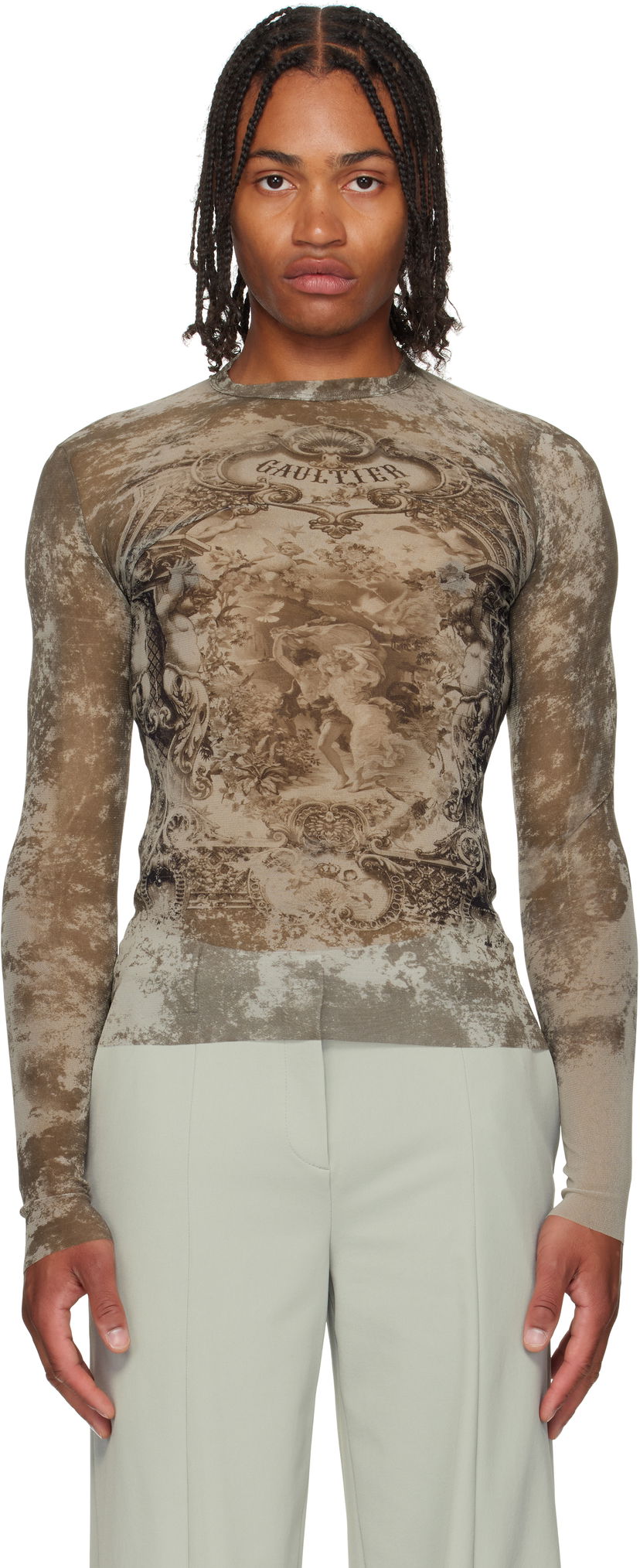 T-paita Jean Paul Gaultier Jean Paul Gaultier 'The Médaillon' Mesh Long Sleeve Top Ruskea | 25/03-W-TO305-M006P-6965
