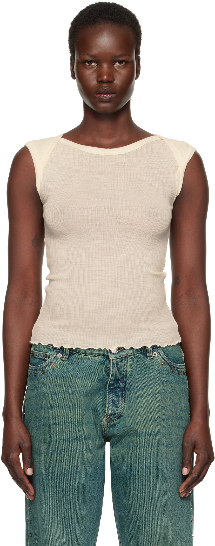 Tankkitoppi Baserange Ribbed Knit Cap Sleeve Tank Top Beige | TODI-WO-SP25
