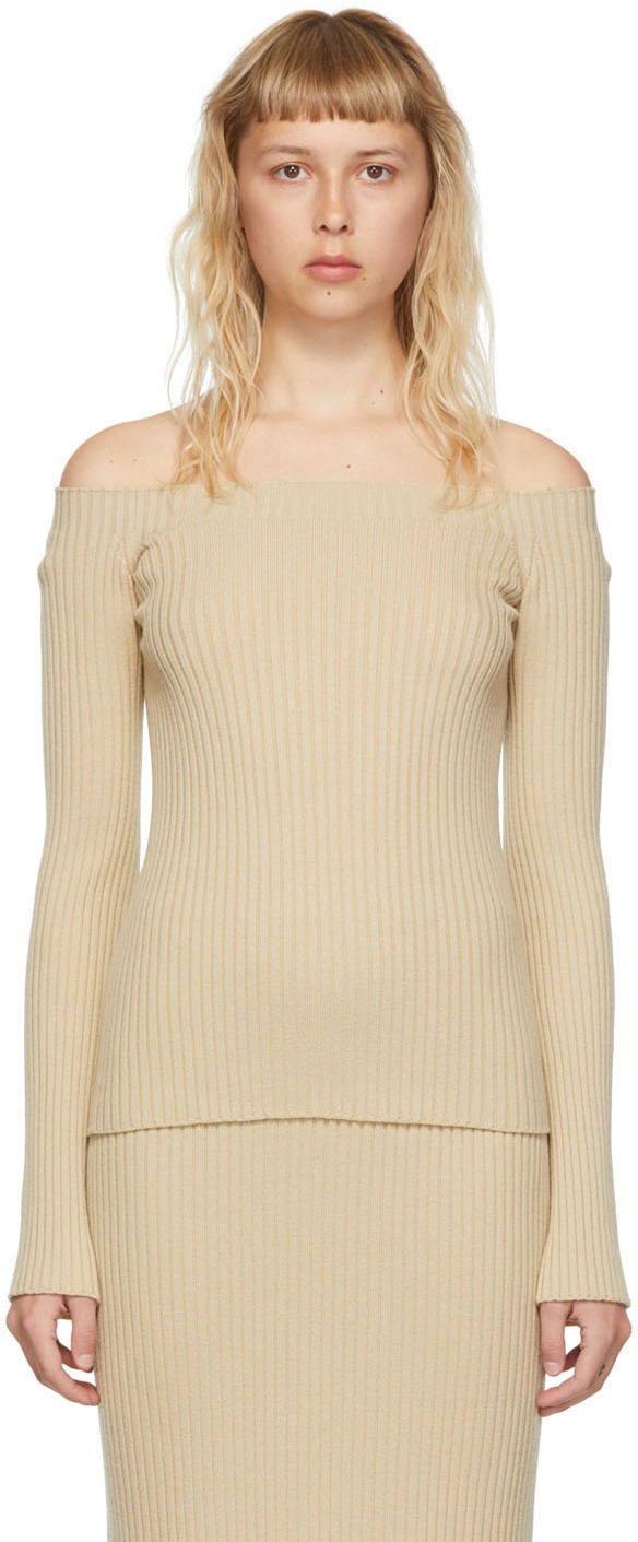 Tankkitoppi CHLOÉ Off-the-Shoulder Ribbed Wool Sweater Beige | CHC22UMP11650