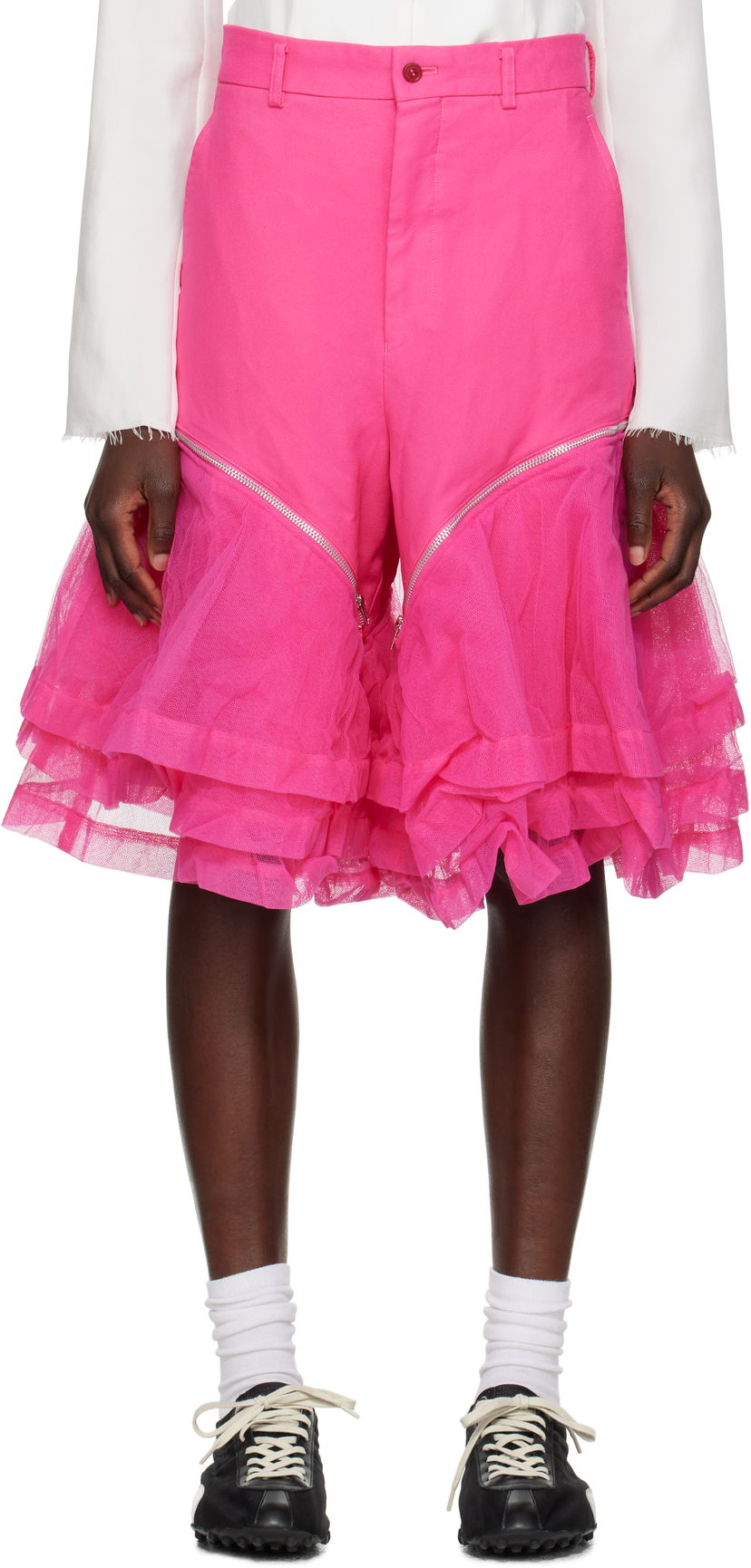 Shortsit Comme des Garçons Comme des Garçons Homme Plus Gabardine and Nylon Tulle Shorts Vaaleanpunainen | PO-P010-051