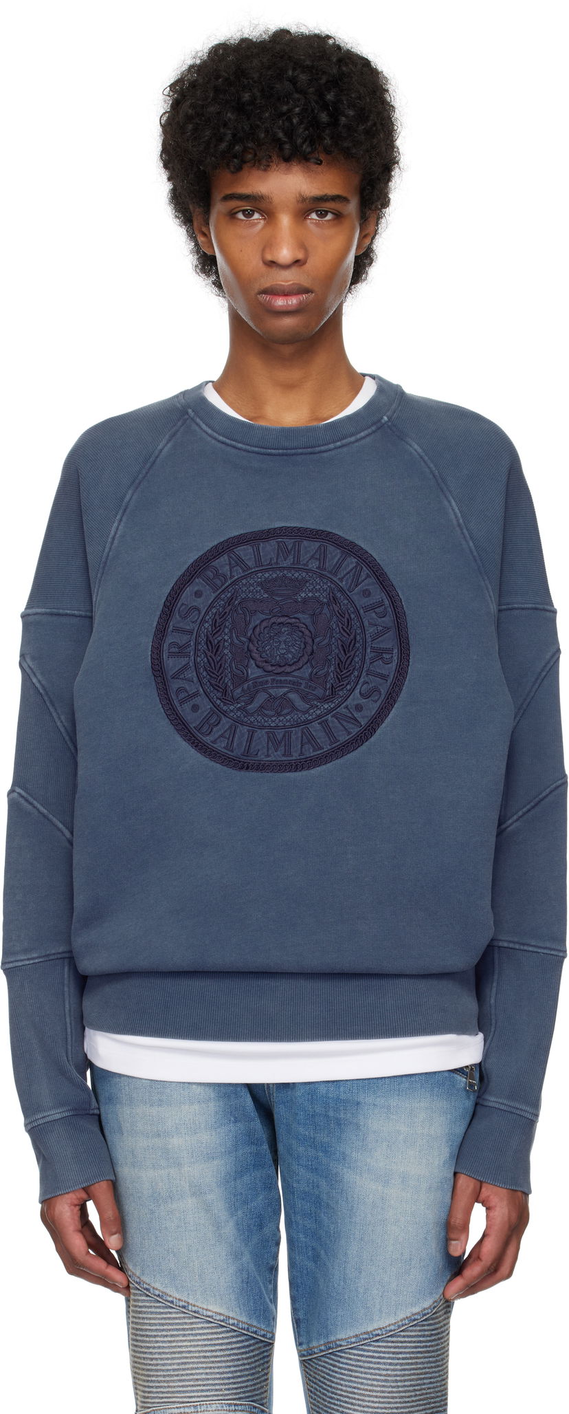 Villapaita Balmain Balmain Ribbed Coin Embroidery Sweatshirt Sininen | EH1JS007BC89