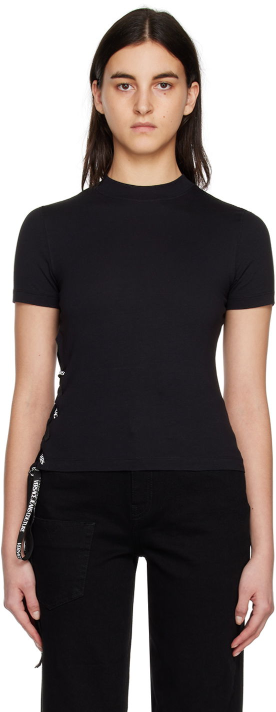T-paita Versace Jeans Couture Lace-Up T-Shirt Musta | E74HAH615EJ0020