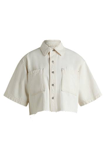 Paita BOSS Cropped Denim Blouse with Raw Hem Valkoinen | 50537471
