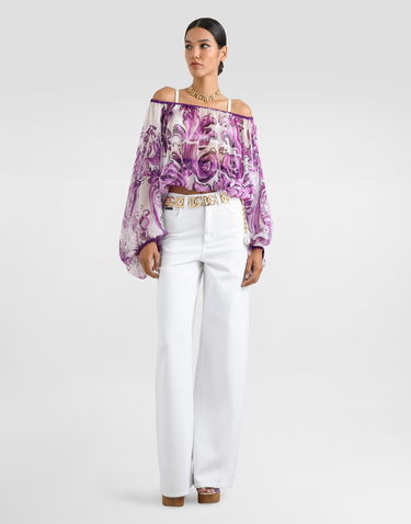 Crop top Dolce & Gabbana Dolce & Gabbana Majolica-Print Silk Chiffon Off-The-Shoulder Top Violetti | F72G7THI1T4HP5DQ, 1