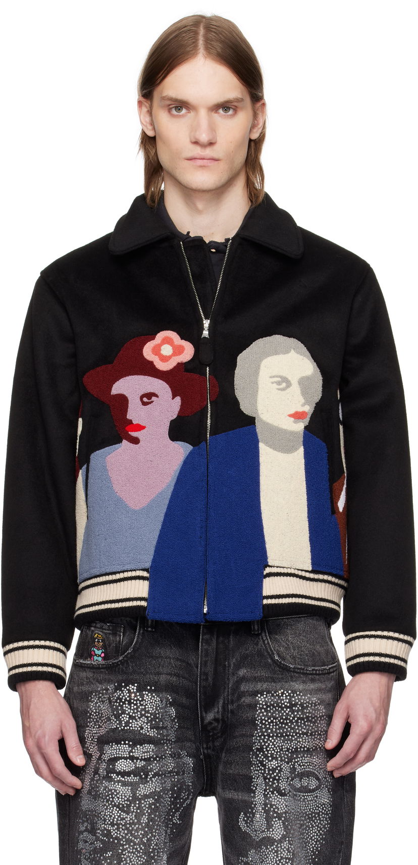 Bomber-takki KidSuper KidSuper Patchwork Portraits Wool Varsity Jacket Musta | SS25-OW-04