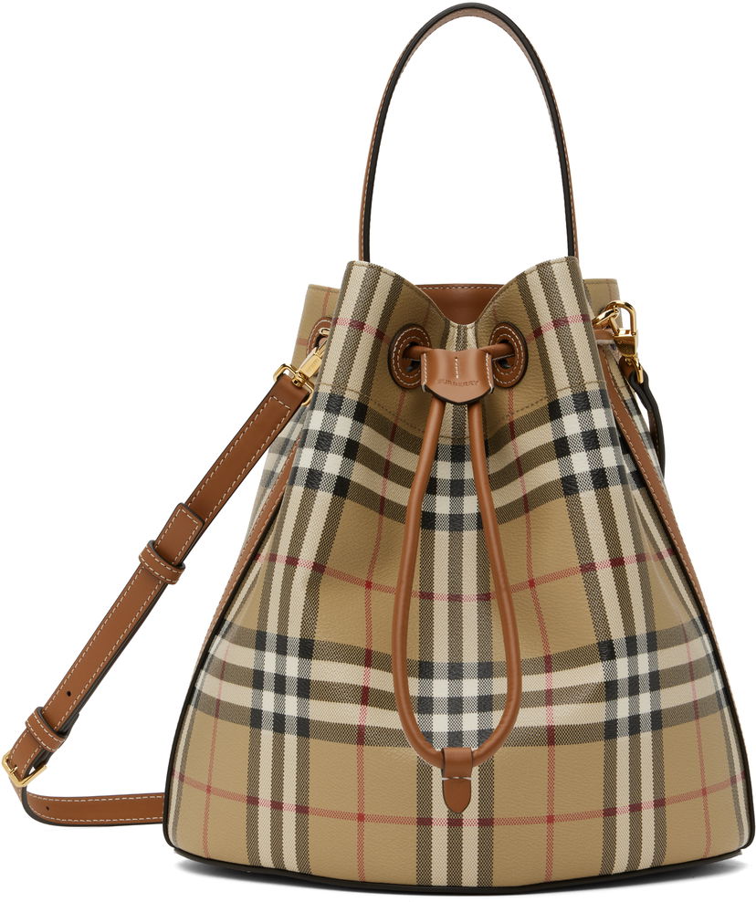 Käsilaukku Burberry Burberry Vintage Check & Leather Drawstring Bucket Bag Beige | 8109795