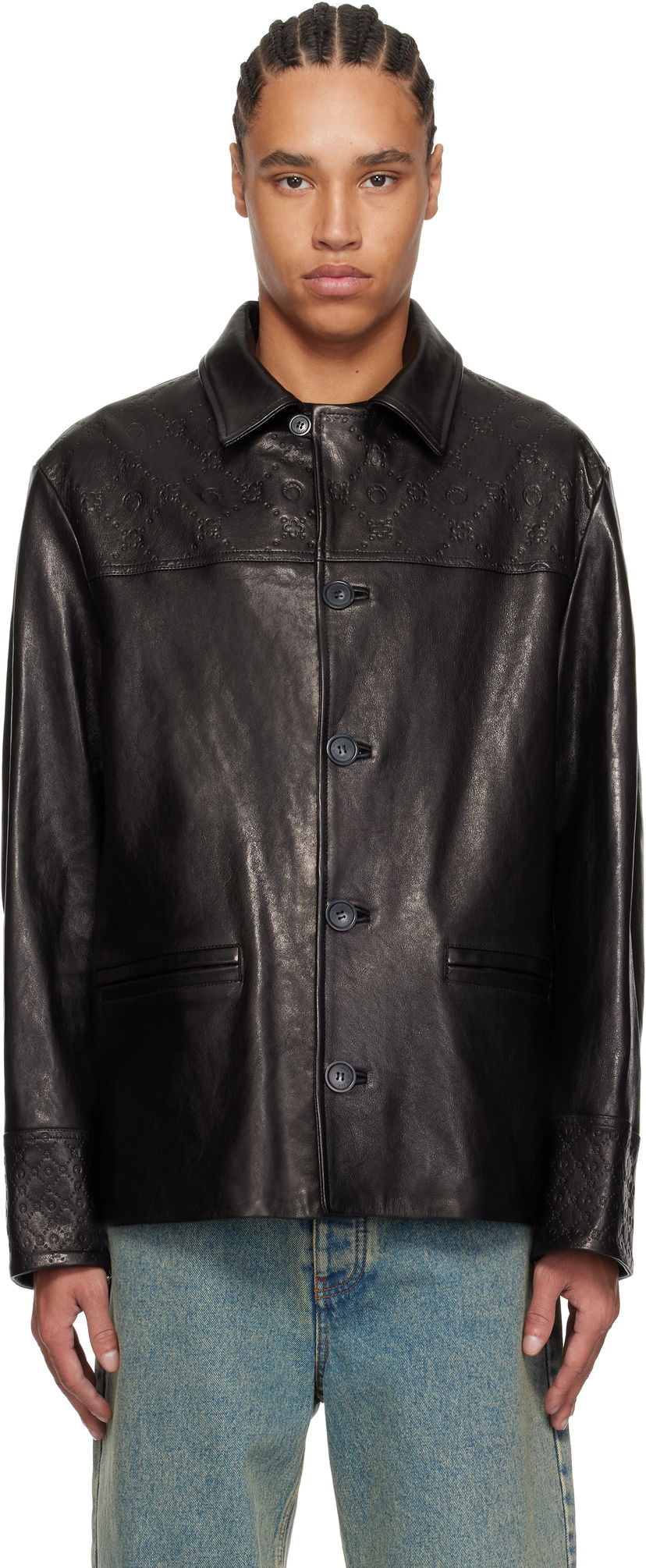 Takki Marine Serre Marine Serre Monogram Embossed Boxy Leather Jacket Musta | MJA065B RLEA0021