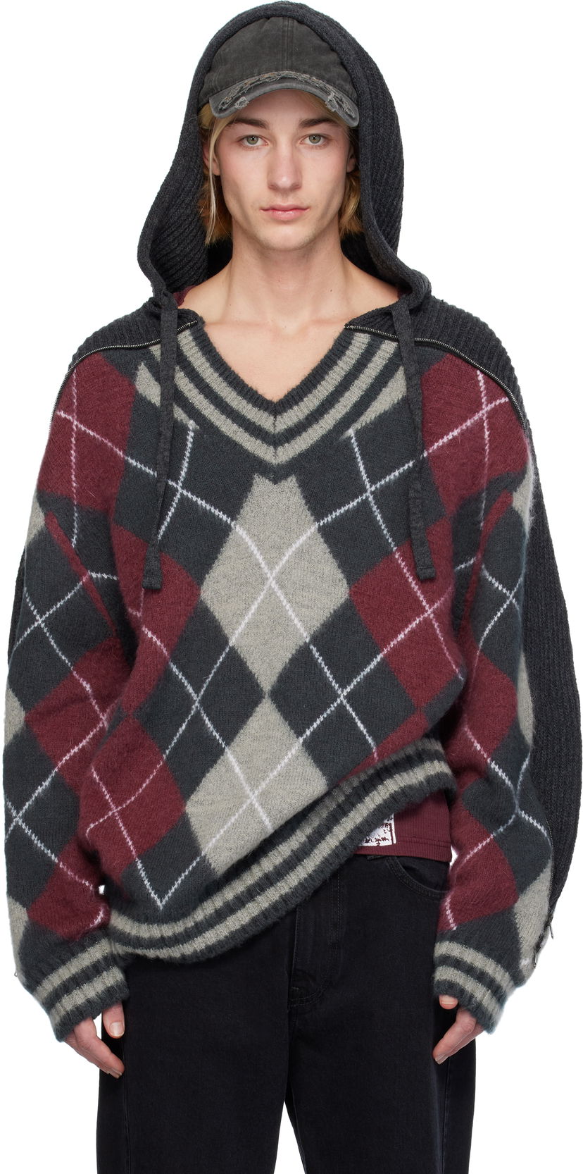 Villapaita Y/PROJECT Zip Insert Argyle Hoodie Punainen | 206SW005