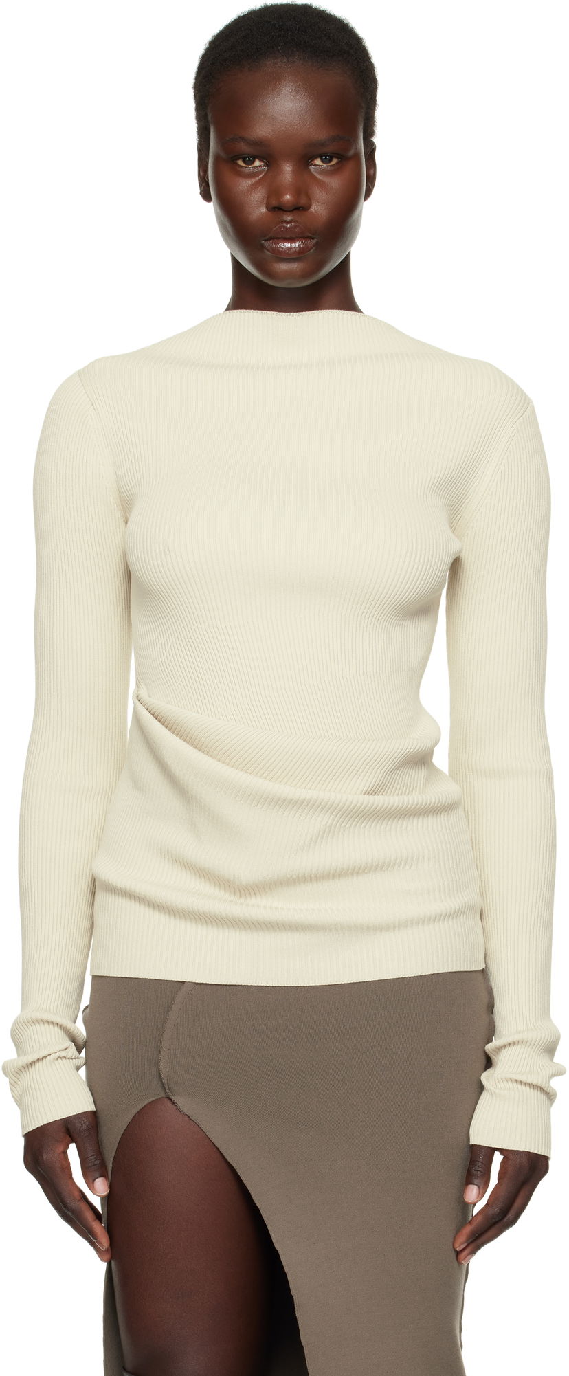 Villapaita Rick Owens Rick Owens Hollywood Babel Draped Ribbed Knit Sweater Beige | RP01E7639 RIBVI