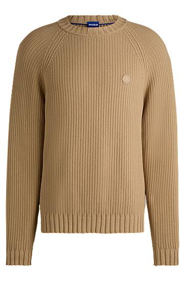 Villapaita BOSS HUGO Ribbed Cotton Sweater with Logo Badge Beige | 50518744