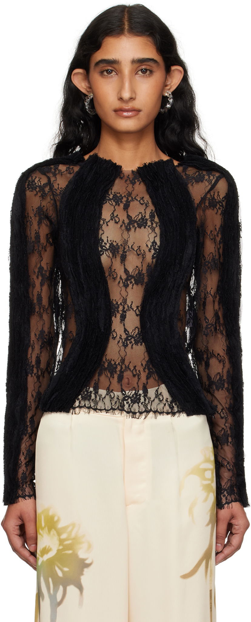 T-paitoja ja toppeja Collina Strada Collina Strada Wavy Lace Top Musta | XX3303